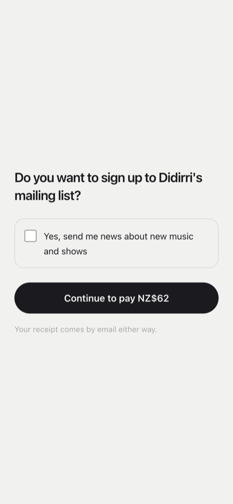 A fan's phone after scanning the desk QR code, asking whether to join the mailing list before paying NZ$62