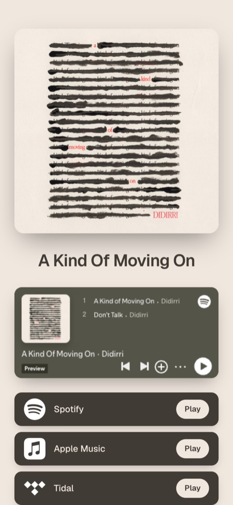 A release page for A Kind Of Moving On, with a player and a button for each streaming service