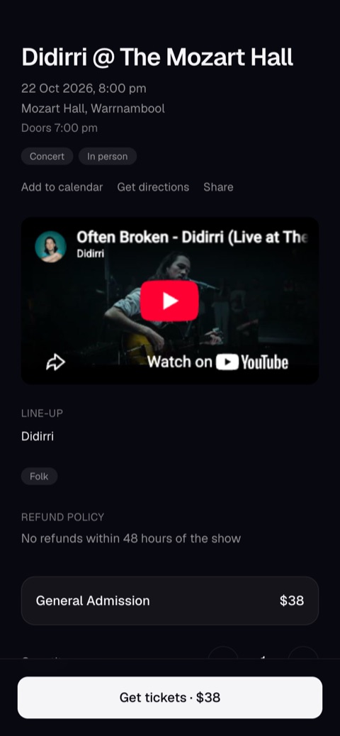 A show page for Didirri at the Mozart Hall, with the date, a video and Get tickets